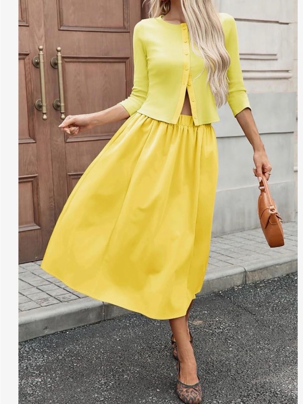 Yellow Midi Skirt with Elastic Waist Set with Cardigan